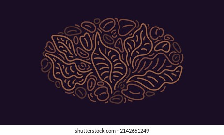 Etiqueta étnica del café. Hojas abstractas vectoras, frijoles. Línea de arte de la naturaleza impresa de oro sobre fondo negro. Ornamento vintage para café