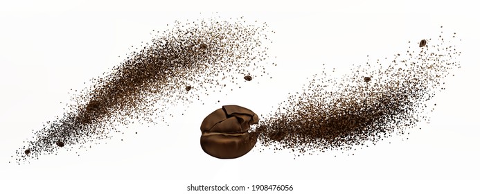 Coffee Explosion, Realistic Cracked Bean And Ground Powder Burst With Brown Particles Splash, Flying Granules, Design Elements For Beverage Or Cafe Isolated On White Background, 3d Vector Illustration