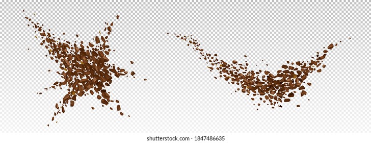 Coffee explosion, realistic ground bean powder burst with brown particles splash, flying granules, design elements for beverage or cafe isolated on transparent background, 3d vector illustration