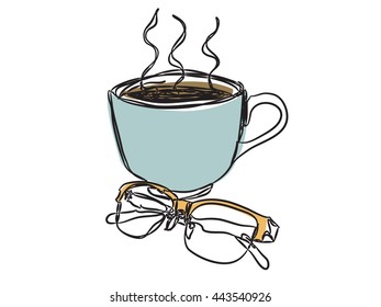 coffee and eyeglasses outline and color