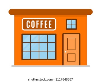 Coffee. The facade of the house is in a flat style. The front side of the building. Simple, cute, stylish drawing. Vector illustration in coffee shades isolated on white background.