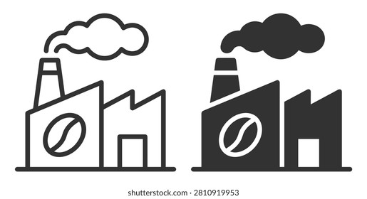 coffee factory icon set with chimney and smoke simple line and solid style on transparent background