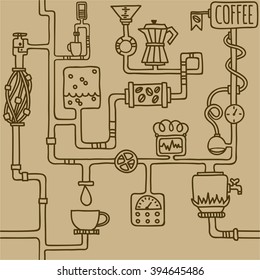 Coffee factory seamless hand drawn pattern