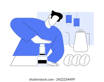 Coffee fan isolated cartoon vector illustrations. Strong man prepares coffee with aero press, grinding beans, modern home kitchen appliances, morning rituals, home cooking vector cartoon.