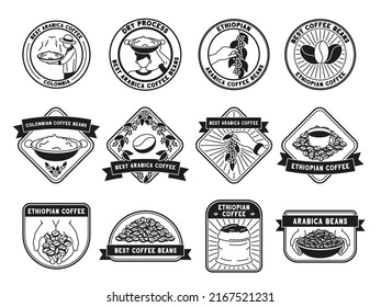 Coffee farm badges. Ethiopian arabica, hand-picked beans and farmers vector labels set. Illustration of coffee badge farm, icon graphic emblem