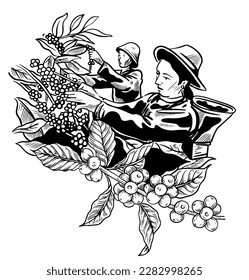 coffee farm of sketch and ink drawing for label packaging. ink drawing for tattoo coffee. art print of ink drawing coffee farm