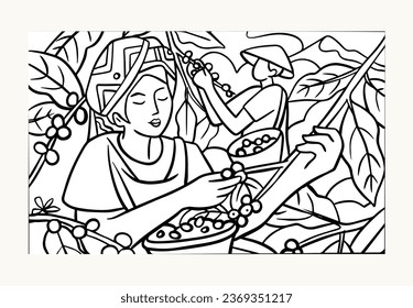 coffee farm of vector illustration ink black line and full colour for label sticker packaging, poster, banner, web, digital promotion, mural, art print, postcard, t-shirt, brochure, sketch art