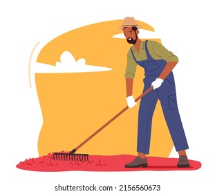 Coffee Farmer Work on Plantation Raking Ripe Beans on Field Isolated on White Background. African Worker Male Character Grow Harvest, Coffee Industry, Cultivation. Cartoon People Vector Illustration