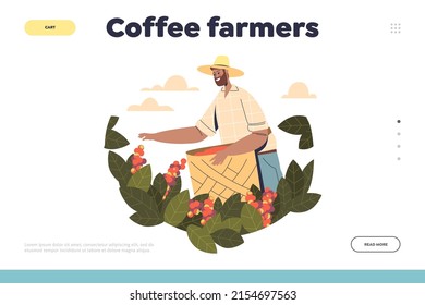 Coffee farmers concept of landing page with farm worker collecting rape coffee beans from tree. Man harvesting coffee on plantation. Production and manufacturing. Cartoon flat vector illustration