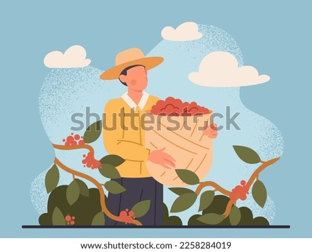Coffee farmers concept. Man in straw hat with basket of food, collecting on natural and organic products, character picking up seeds. Harvest and crops. Cartoon flat vector illustration