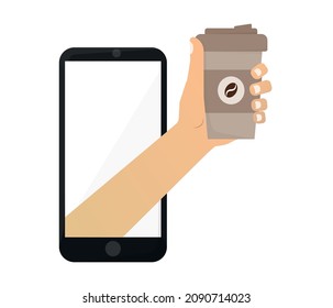 Coffee fast delivery, using smartphone app to order. Hand holding coffee mug coming out of phone screen. editable vector
