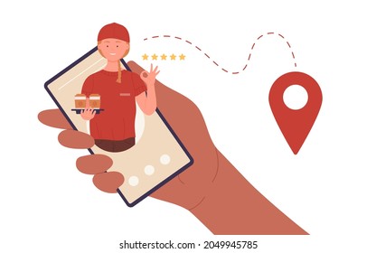 Coffee fast delivery vector illustration. Cartoon hand holding mobile phone, using smartphone app to order parcel with courier, address online delivery service with five stars rating isolated on white