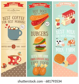 Coffee, Fast Food, Ice Cream Vertical Banners Set. Vector Illustration.