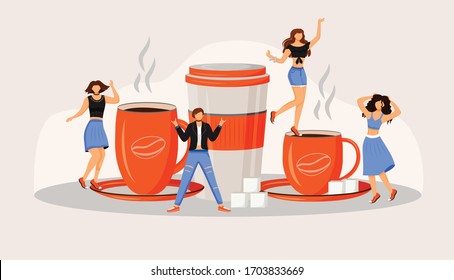 Coffee fest flat concept vector illustration. Active caucasian people. Caffeine drinks in red mugs. Energetic woman 2D cartoon characters for web design. Event at coffeeshop creative idea