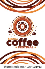 Coffee Festival. For coffee lovers. Event for professionals in the coffee industry. Cafes, restaurants and coffee roasters. Trainings for baristas from staff schools. Creative Illustration. Vector