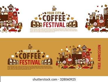 Coffee festival poster concept, freehand vector Illustration