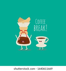 coffee filter brewing methods, coffee dripper filter pour over maker image. vector illustration. Funny food. Use for the menu, in the shop, in the bar, the card or stickers.