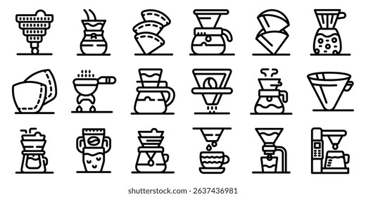  Coffee filter icons set. Different coffee brewing methods using filters, pour over, drip, and other techniques for a rich and flavorful coffee experience