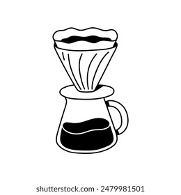 Coffee filter, V60, pur over. Alternative coffee. Postcard. Hand drawing, black and white vector illustration. Print. Poster.