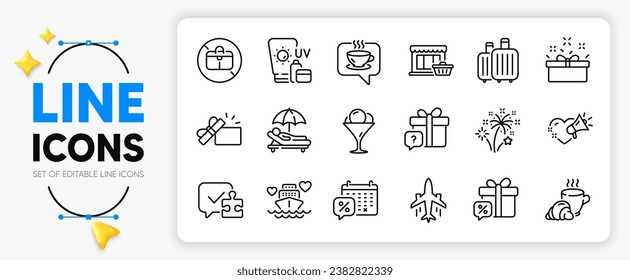 Coffee, Fireworks and Ice cream line icons set for app include Coffee break, No handbag, Puzzle outline thin icon. Secret gift, Plane, Discounts calendar pictogram icon. Honeymoon cruise. Vector