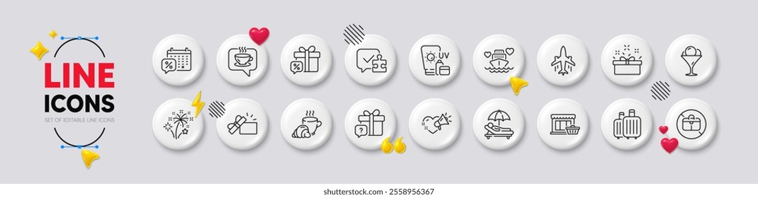 Coffee, Fireworks and Ice cream line icons. White buttons 3d icons. Pack of Coffee break, No handbag, Puzzle icon. Secret gift, Plane, Discounts calendar pictogram. Vector