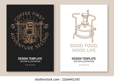 Coffee first, adventure second. Good food good life. Live, love, travel. Camping quote. Vector. Set of Line art flyer, brochure, banner, poster with camping primus, camping kettle, sunburst and forest