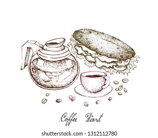 Coffee First, Illustration Hand Drawn Sketch of A Cup of and Coffee Glass Pot with Homemade Freshly Baguette Sandwich Isolated on White Background.