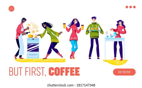 Coffee first landing page with cartoon characters preparing hot beverages. Traditional and seasonal morning or coffee break drink concept. Cartoon vector illustration