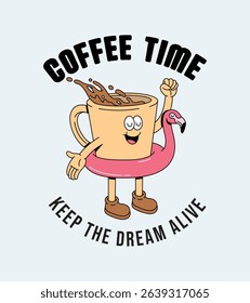 coffee flamingo float retro cartoon illustration