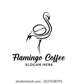 Ilustración vectorial de logotipo de línea de café y flamenco. Simple Minimalista Flamingo Pelican Stork Heron Bird con contorno de línea de café para el Vector de diseño de logotipo de café.