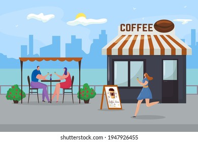 Coffee at flat city cafe, vector illustration. People character at street restaurant background, cartoon food drink from shop design.