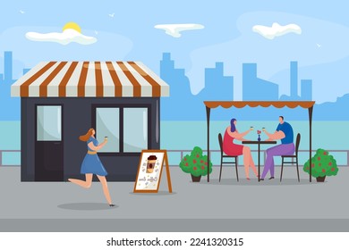 Coffee at flat city cafe, vector illustration. People character at street restaurant background, cartoon food drink from shop design.