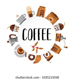 Coffee flat collection drink decorative icons behind the round shape. Modern icons for coffee shop and coffee house. Colorful template for for your design, prints and illustrations. Flat style Vector