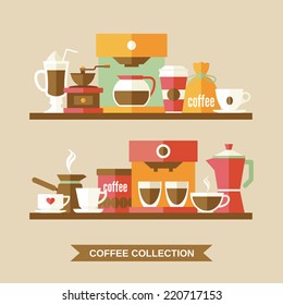 Coffee flat collection drink decorative icons on shelves vector illustration