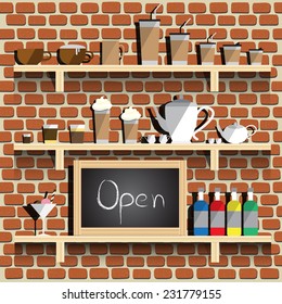 Coffee flat decorative icons on shelves bricks wall background vector illustration