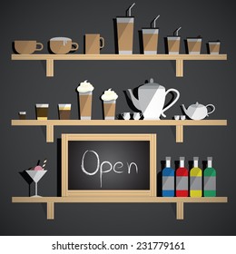 Coffee flat decorative icons on shelves vector illustration