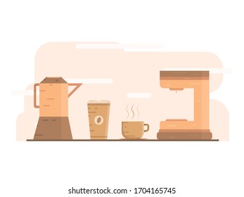 Coffee flat design, any equipment to make it. Food and drink illustration concept. Design for wallpaper, backdrop, presentation, banner etc.
