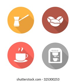 Coffee flat design icons set. Coffee making white silhouettes illustrations on color circles. Turkish cezve and roasted coffee beans long shadow round symbols.. Vector infographics elements