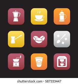 Coffee flat design icons set. Espresso machine, classic coffee maker, steaming mug on plate, french press, turkish cezve, spoon with sugar, hand mill. Web application interface. Vector illustrations