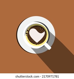 Coffee flat design illustration. Minimal Design Poster. Cup of Coffee on a brown Background. Top View.