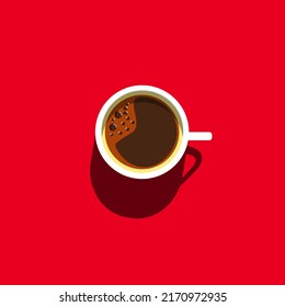 Coffee flat design illustration. Minimal Design Poster. Cup of Coffee on a light Background. Top View.