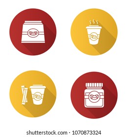 Coffee flat design long shadow glyph icons set. Coffee paper pack, glass jar and hot drink with sugar. Vector silhouette illustration