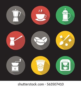 Coffee flat design long shadow icons set. Espresso machine, classic coffee maker, steaming mug on plate, french press, turkish cezve, spoon with sugar cubes, hand mill. Vector silhouette illustration