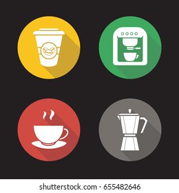 Coffee flat design long shadow glyph icons set. Mocha pot, espresso machine, steaming mug on plate, takeaway paper cup. Vector silhouette illustration