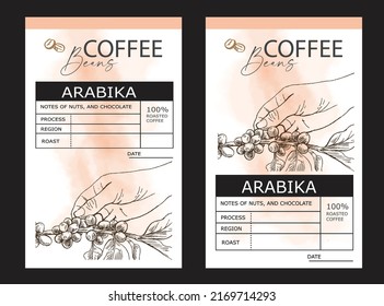 Coffee Flat Design Package For Stickers. Packaging Design For Coffee. Vector Vintage Product Label Template. Retro Package With Coffee Branch.