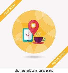 coffee flat icon with long shadow, eps10, When you go to coffee shop, you can check into places and click the "like" button on social network.