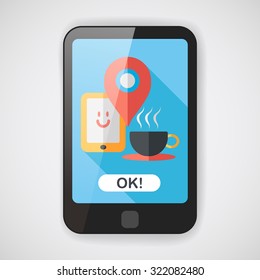 coffee flat icon with long shadow, eps10, When you go to coffee shop, you can check into places and click the "like" button on social network.