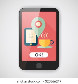 coffee flat icon with long shadow, eps10, When you go to coffee shop, you can check into places and click the "like" button on social network.