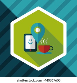 coffee flat icon with long shadow, eps10, When you go to coffee shop, you can check into places and click the "like" button on social network.