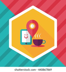 coffee flat icon with long shadow, eps10, When you go to coffee shop, you can check into places and click the "like" button on social network.